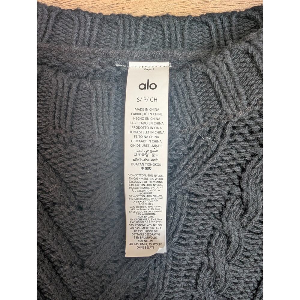 Alo Yoga Cable Knit Sweater Women's S Black Wool Blend Long Sleeve Crew Neck NWT - Picture 3 of 4